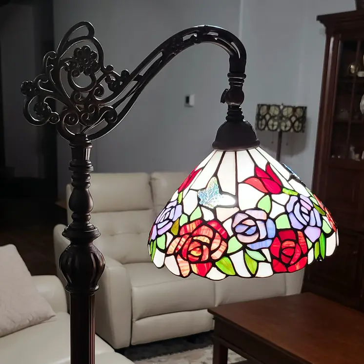 72" Espresso Torchiere Floor Lamp With Green And White Flowers Glass Dome Shade
