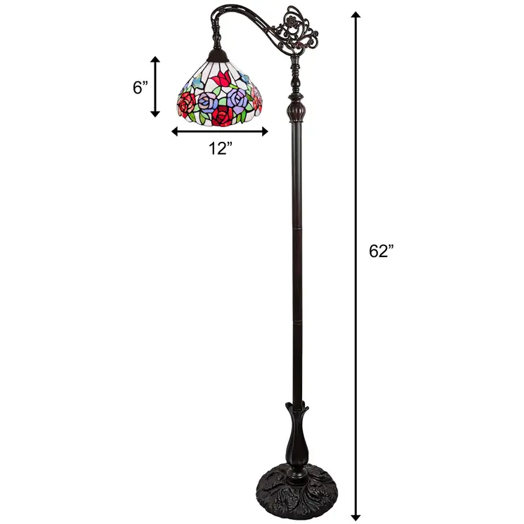 72" Espresso Torchiere Floor Lamp With Green And White Flowers Glass Dome Shade