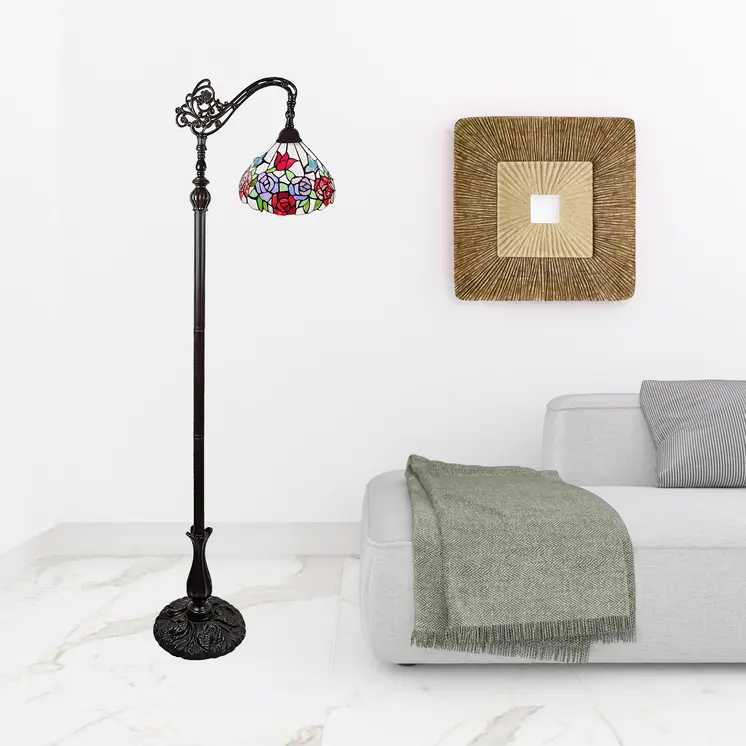 72" Espresso Torchiere Floor Lamp With Green And White Flowers Glass Dome Shade
