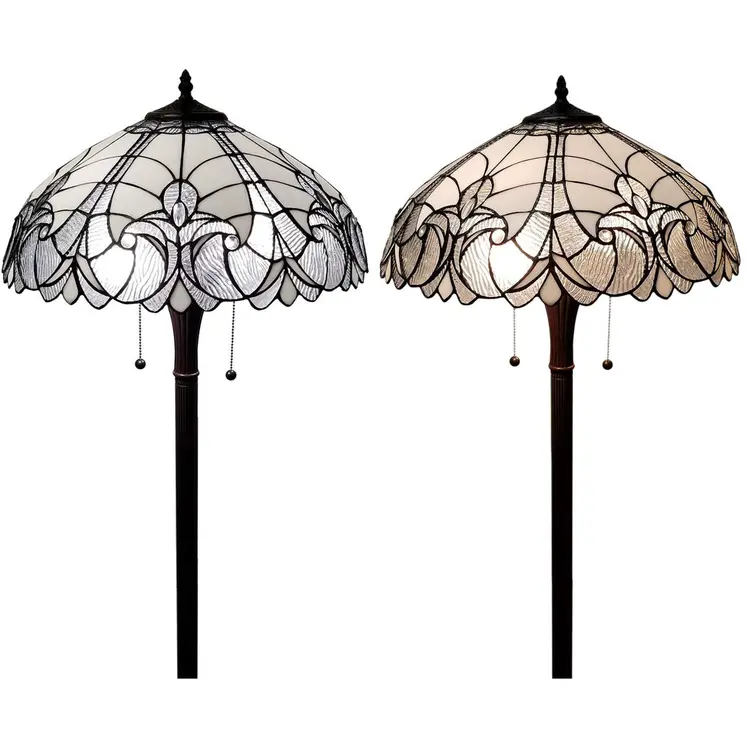 62" Dark Brown Two Light Torchiere Floor Lamp With White Fleur de Lis Glass Dome Shade