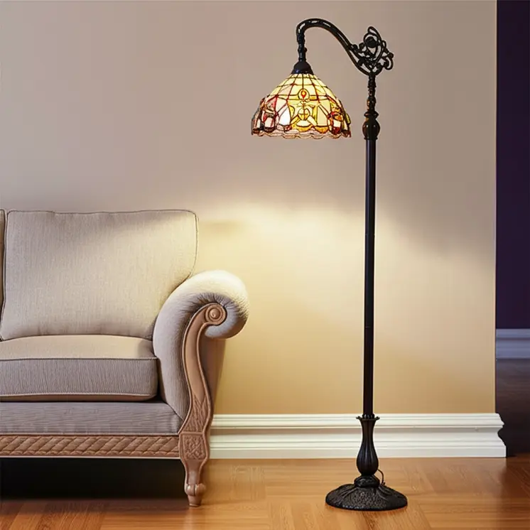 62" Brown Metal Arched Floor Lamp With Amber and Red Flowers Stained Glass Shade