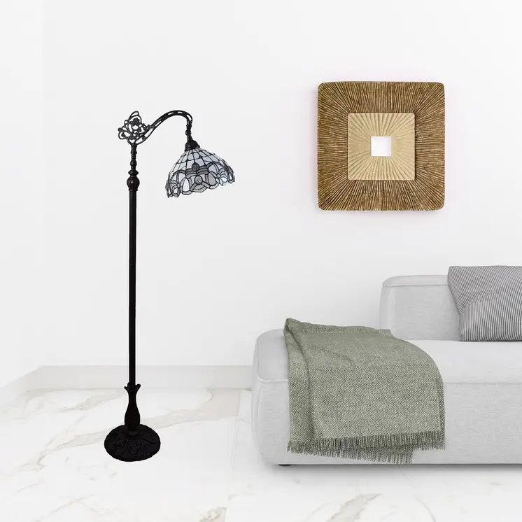 62" Brown And White Torchiere Floor Lamp With White Flowers Glass Dome Shade