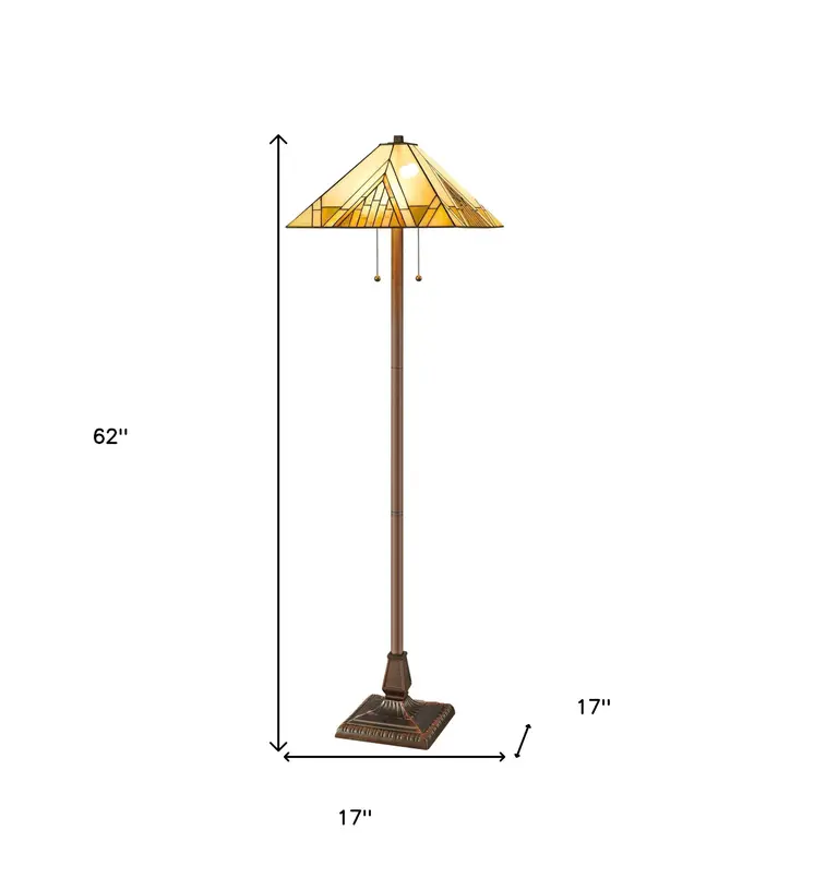 62" Brown Two Light Beige And Brown Geometric Stained Glass Floor Lamp