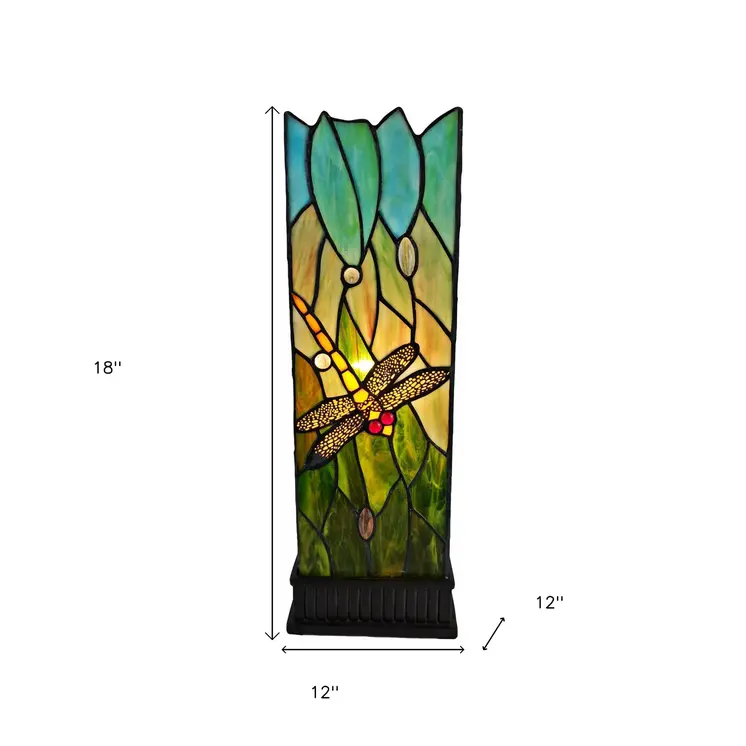 18" Dark Brown Table Lamp With Green and Black Shade