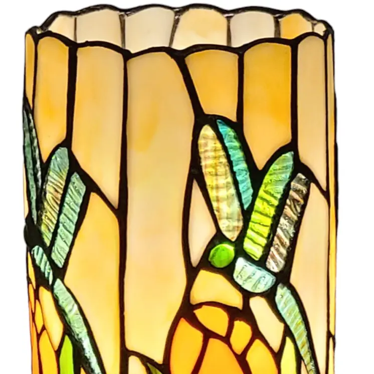 11" Beige and Green Dragonfly Stained Glass Accent Lamp