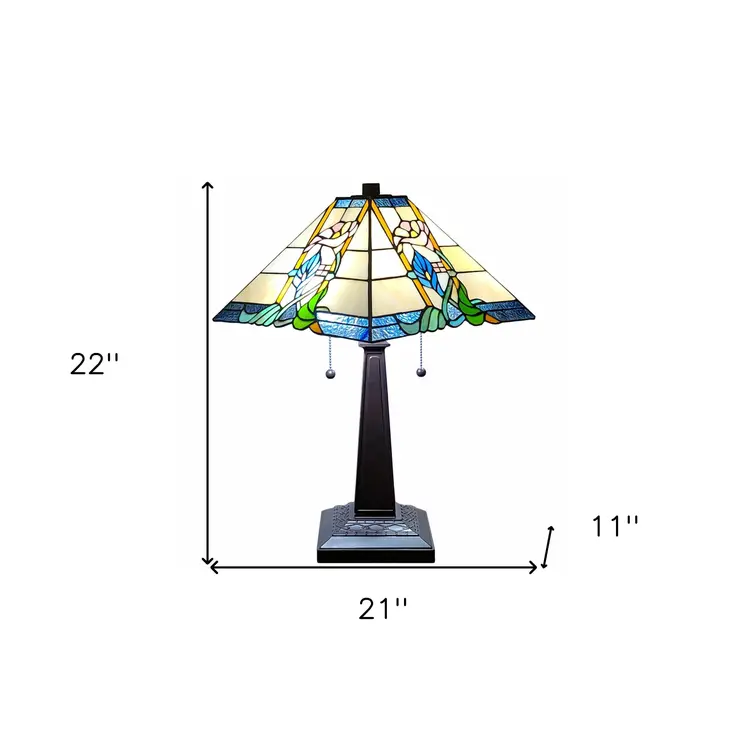 22" Dark Brown Metal Two Light Candlestick Table Lamp With Blue and Beige Shade