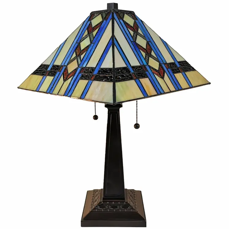 22" Dark Brown Metal Two Light Candlestick Table Lamp With Blue Empire Shade