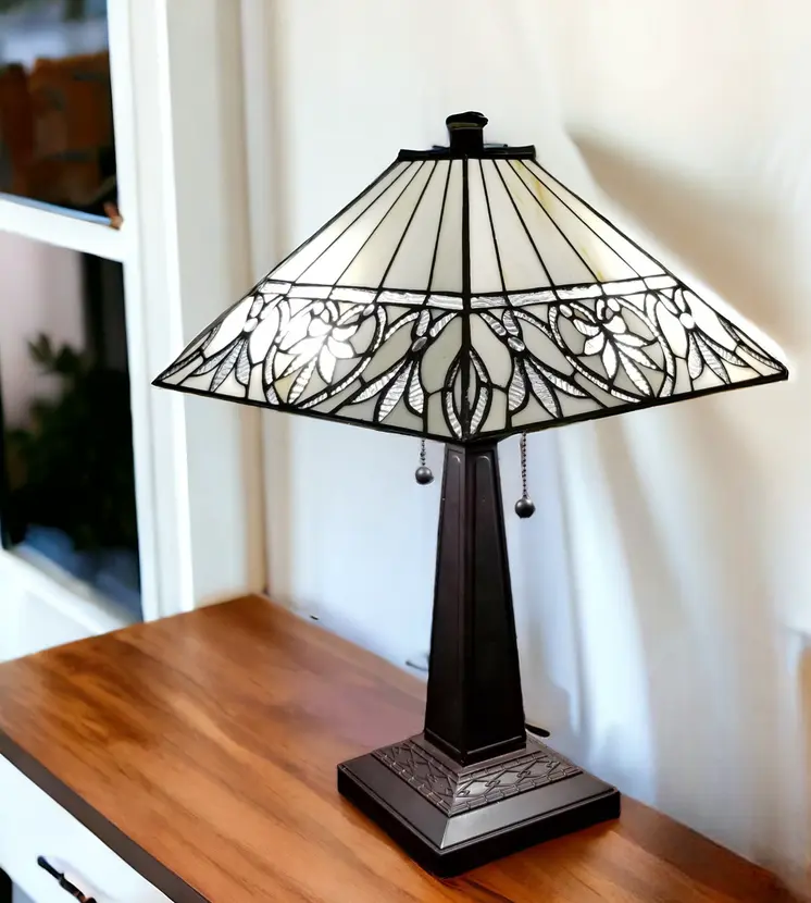 22" Dark Brown Metal Two Light Candlestick Table Lamp With White Shade