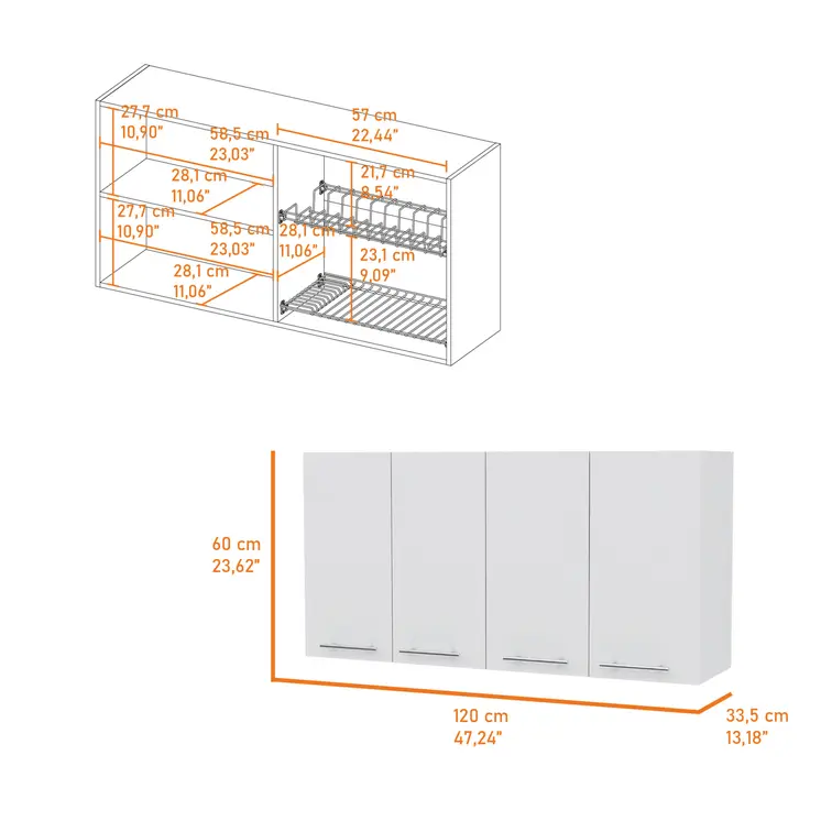 47" White Wood Wall Mounted Accent Chest With Four Doors