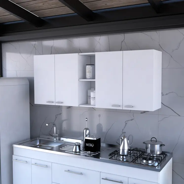 59" White Wood Wall Mounted Accent Cabinet With Four Doors