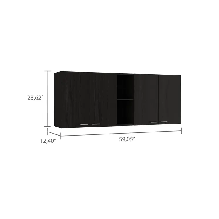 59" Black Wood Wall mounted Accent Cabinet With Five Shelves