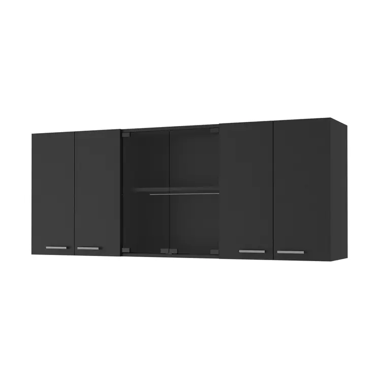 59" Black Wood Wall Mounted China Cabinet With Six Doors