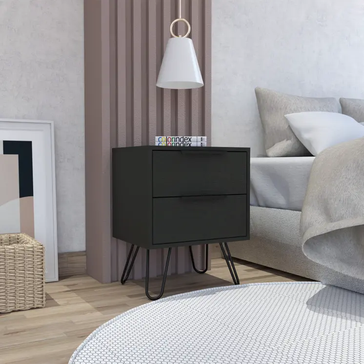 22" Black Wood Two Drawer Nightstand