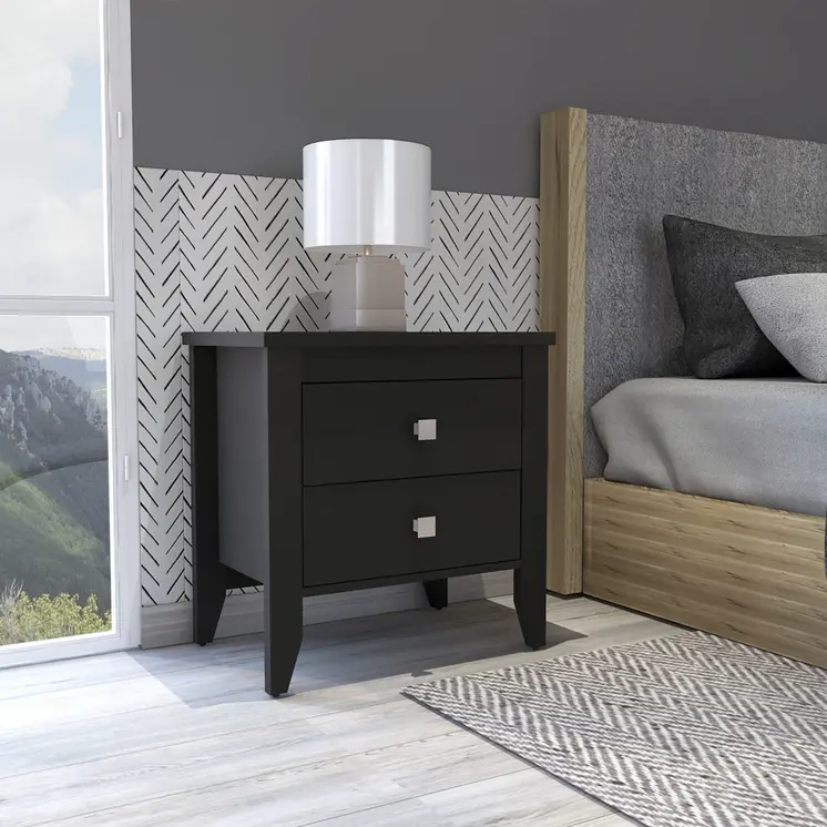 24" Black Wood Two Drawer Nightstand