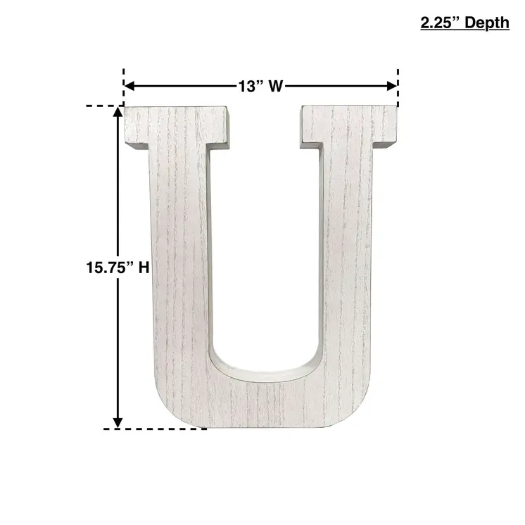 16" Distressed White Wash Wooden Initial Letter U Sculpture