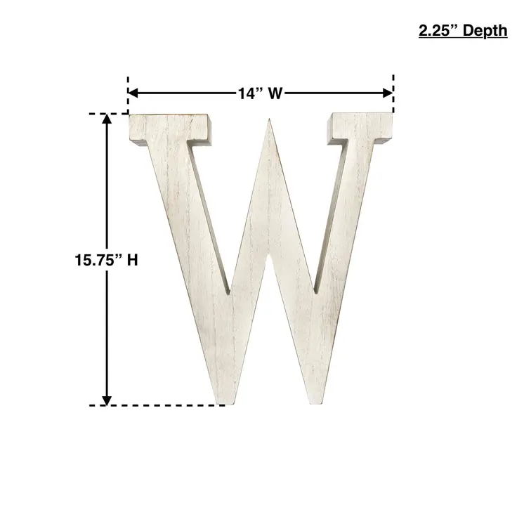 16" Distressed White Wash Wooden Initial Letter W Sculpture