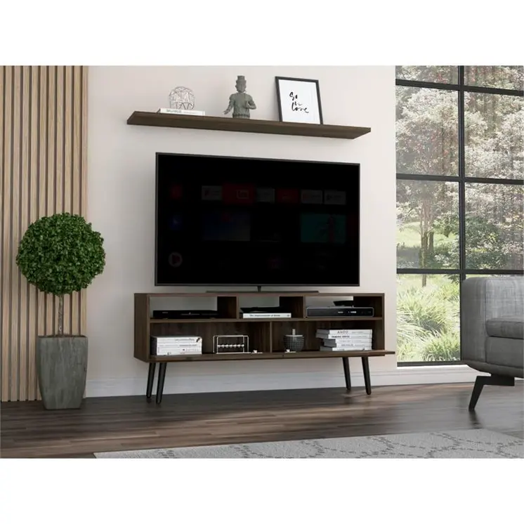 54" Dark Brown Wood Enclosed and Open Storage TV Stand