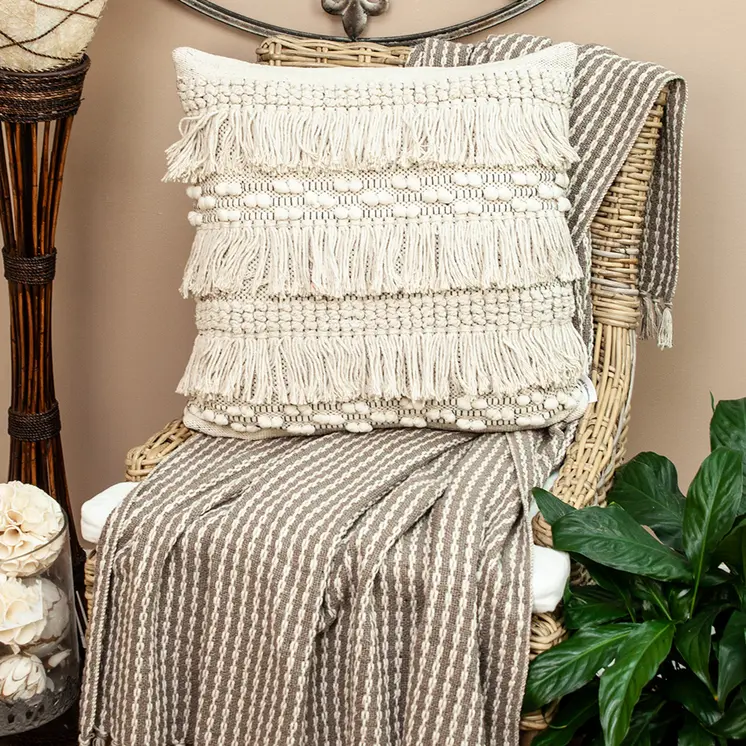 20" Beige Cotton Blend Throw Pillow