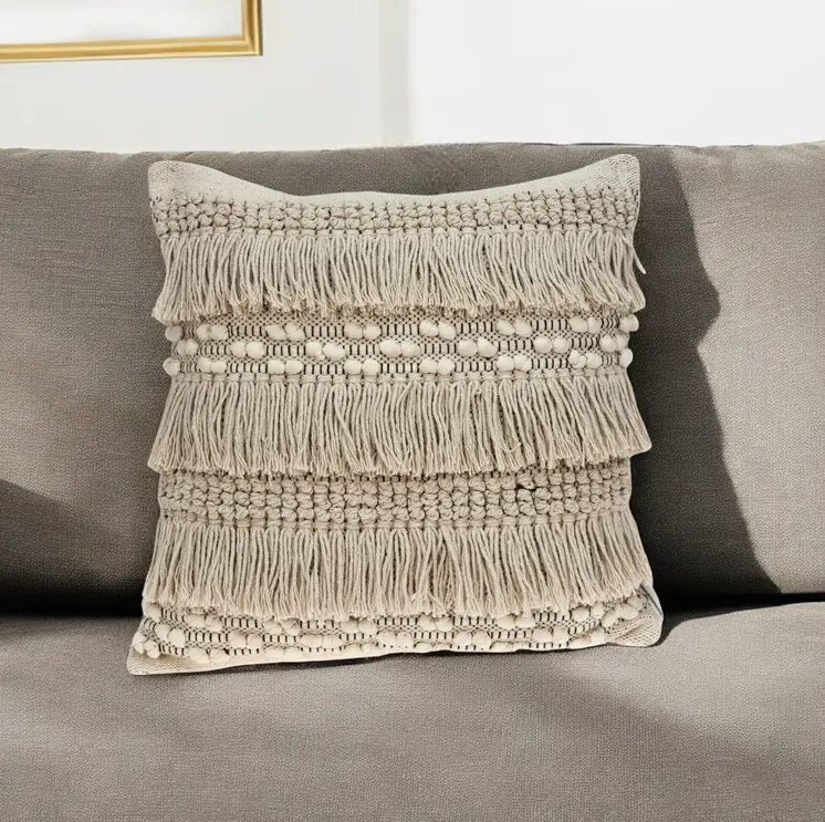 20" Beige Cotton Blend Throw Pillow