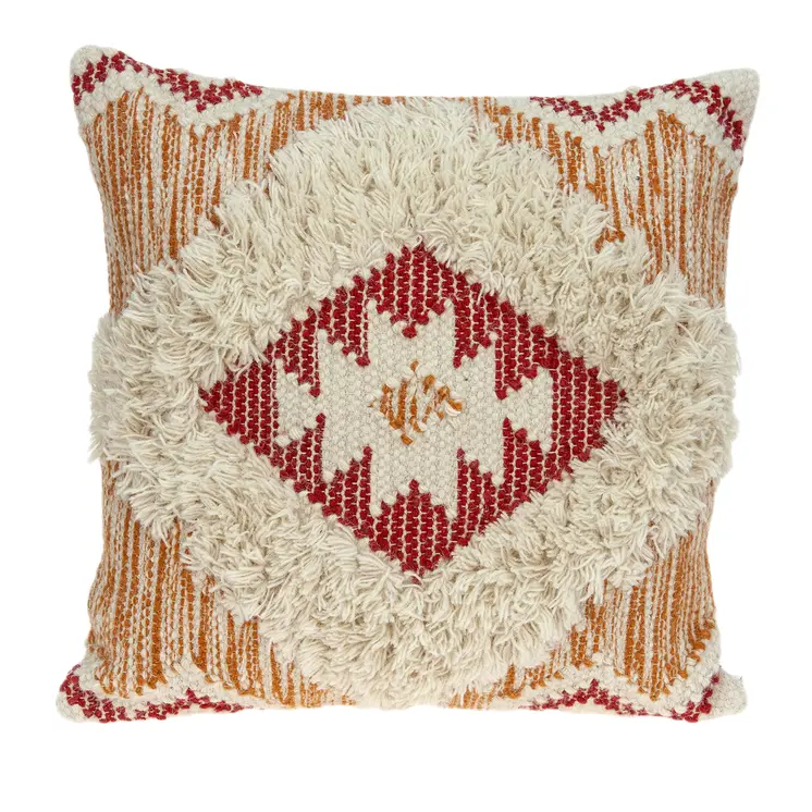 20" Beige and Orange Cotton Blend Throw Pillow With Fringe