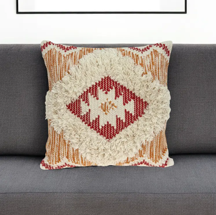 20" Beige and Orange Cotton Blend Throw Pillow With Fringe