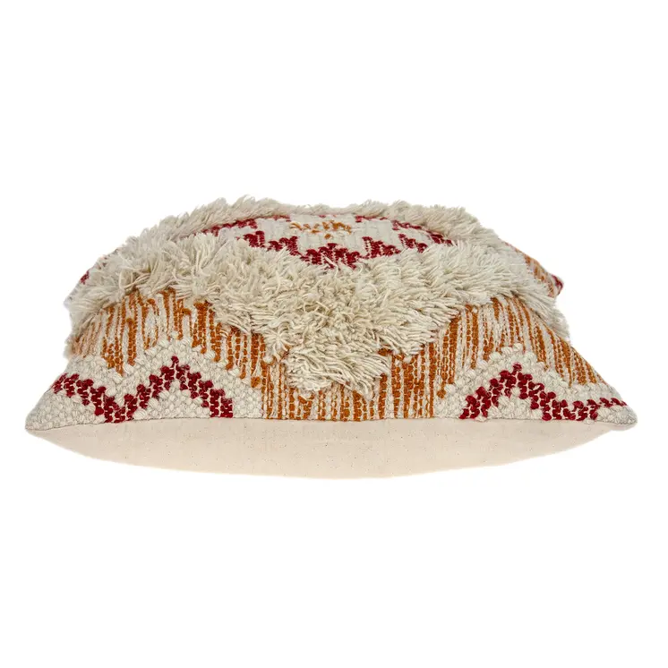 20" Beige and Orange Cotton Blend Throw Pillow With Fringe