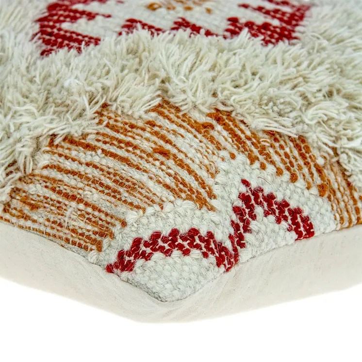 20" Beige and Orange Cotton Blend Throw Pillow With Fringe
