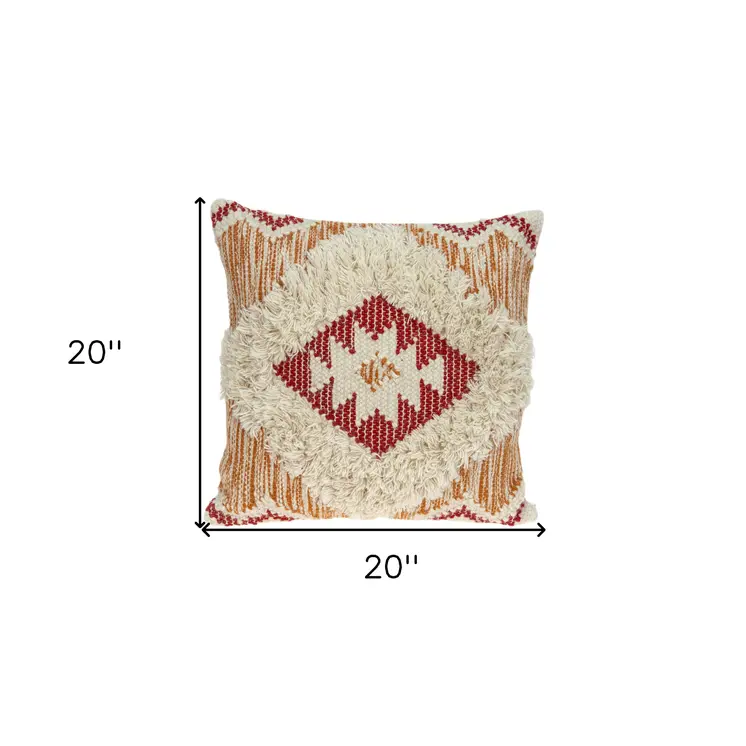 20" Beige and Orange Cotton Blend Throw Pillow With Fringe
