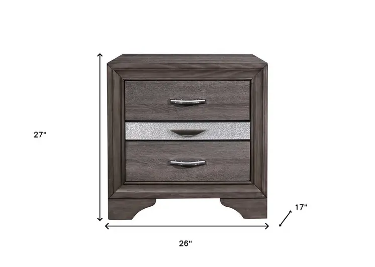27" Gray Wood and Solid Wood Two Drawer Nightstand