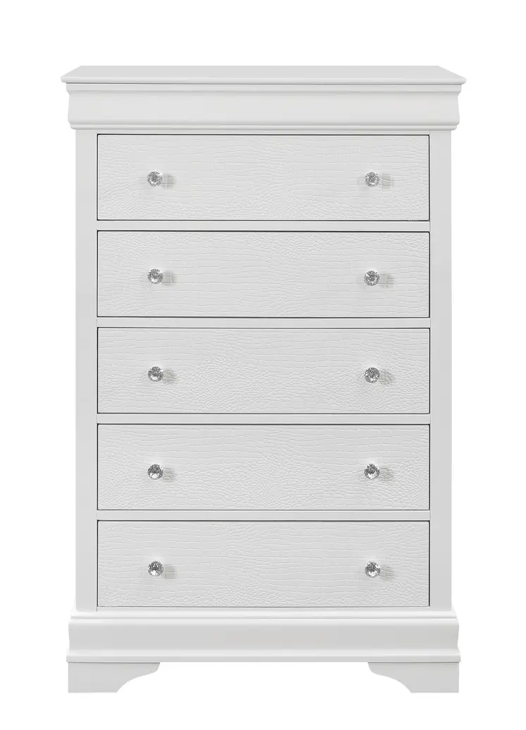 31" Metallic White Solid Wood Five Drawer Chest