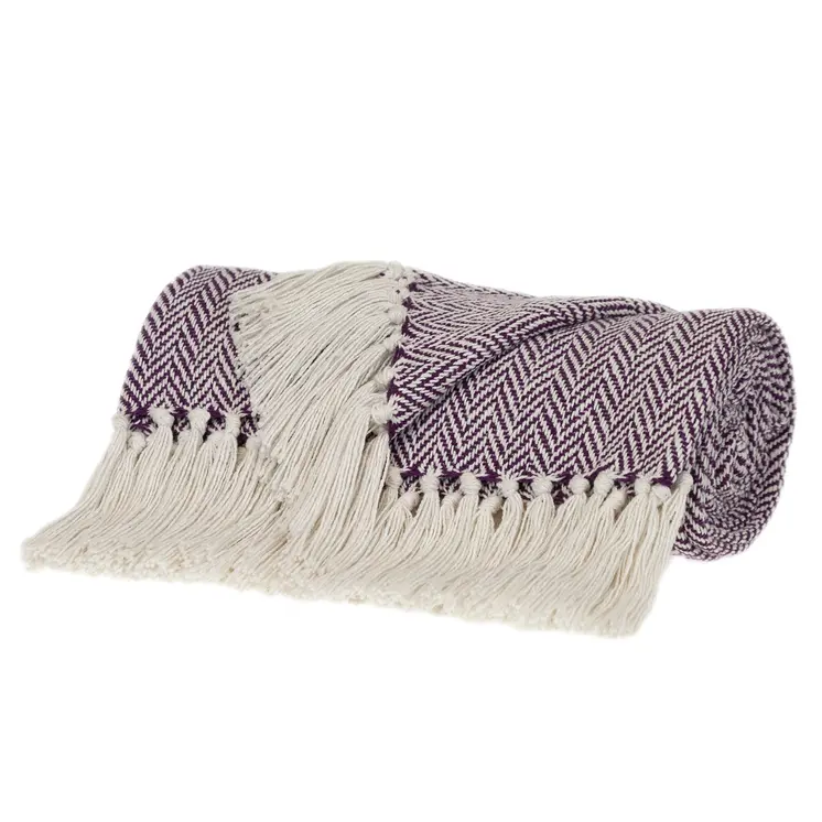 50" X 60" Purple and Ivory Woven Cotton Chevron Throw Blanket with Tassels