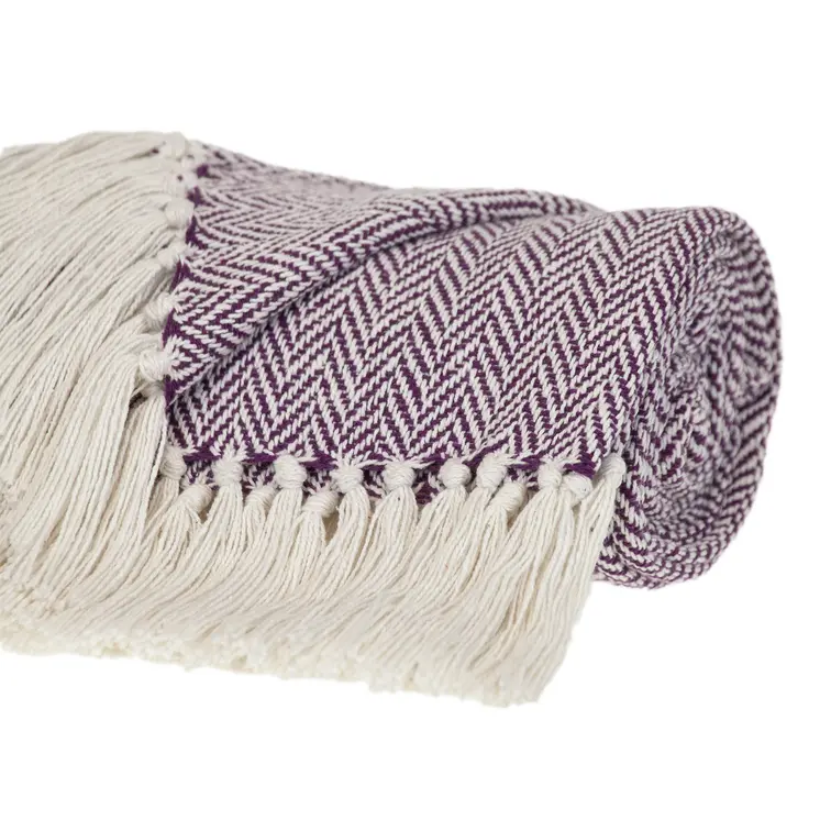 50" X 60" Purple and Ivory Woven Cotton Chevron Throw Blanket with Tassels