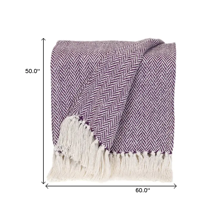 50" X 60" Purple and Ivory Woven Cotton Chevron Throw Blanket with Tassels