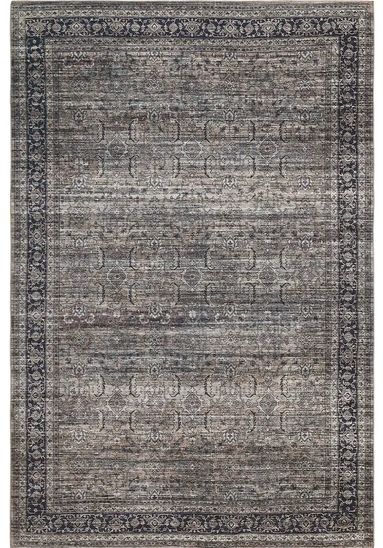 8' X 11' Gray and Ivory Oriental Power Loom Distressed Washable Area Rug