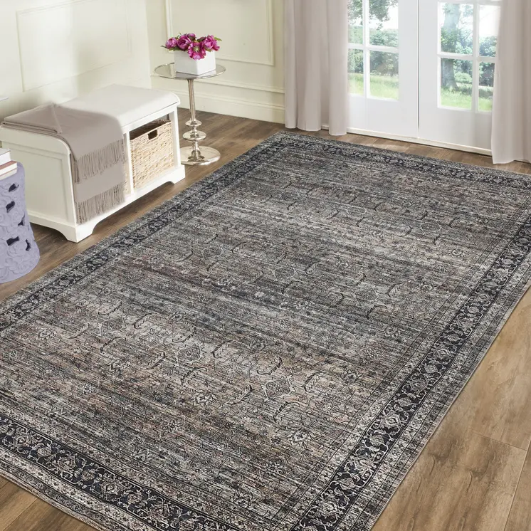 8' X 11' Gray and Ivory Oriental Power Loom Distressed Washable Area Rug