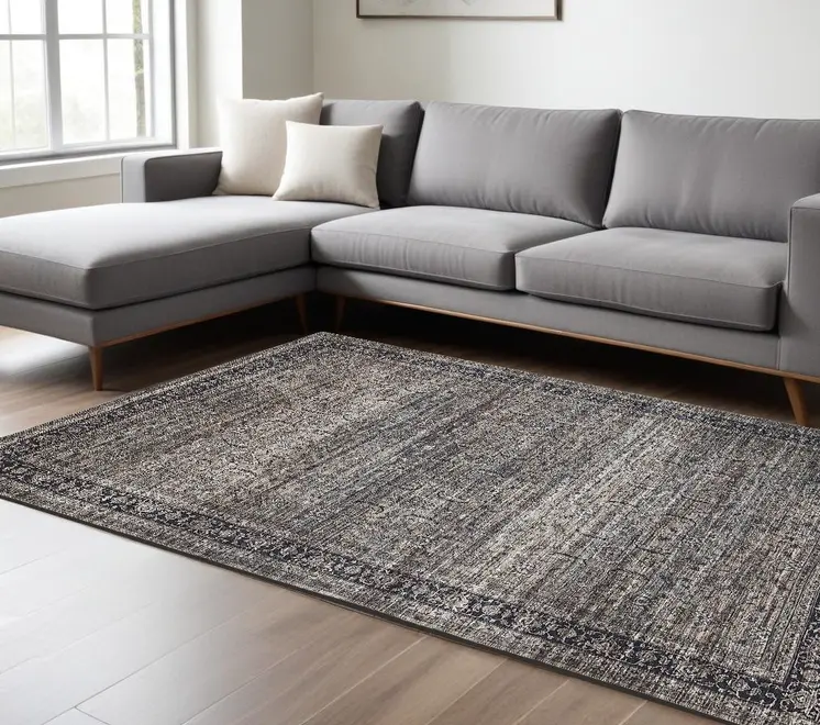 8' X 11' Gray and Ivory Oriental Power Loom Distressed Washable Area Rug