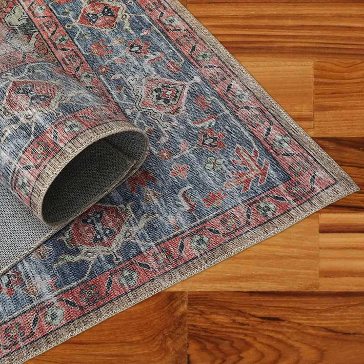 8' X 10' Blue and Ivory Oriental Power Loom Distressed Washable Area Rug
