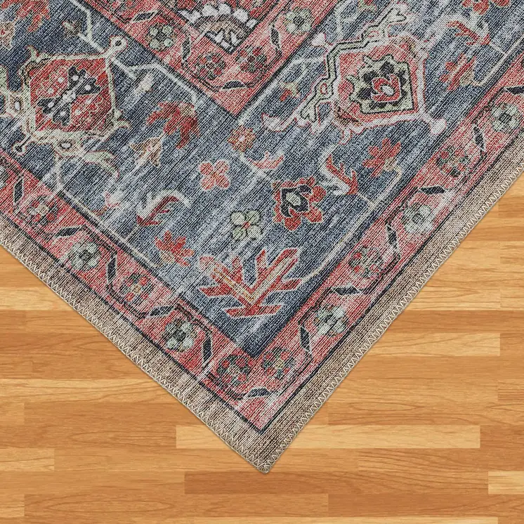 8' X 10' Blue and Ivory Oriental Power Loom Distressed Washable Area Rug
