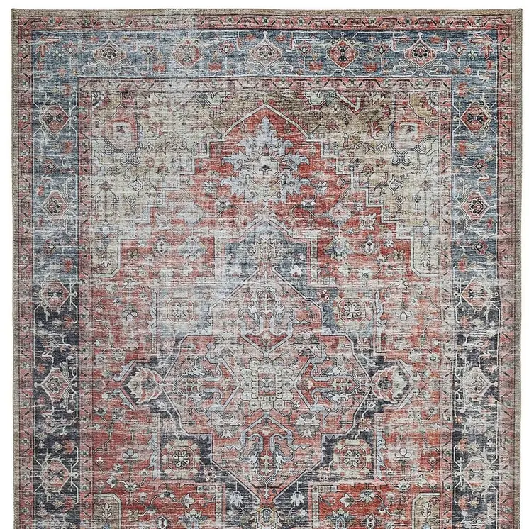 8' X 10' Blue and Ivory Oriental Power Loom Distressed Washable Area Rug