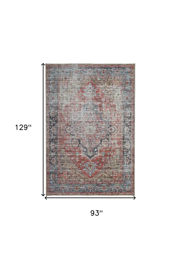 8' X 10' Blue and Ivory Oriental Power Loom Distressed Washable Area Rug