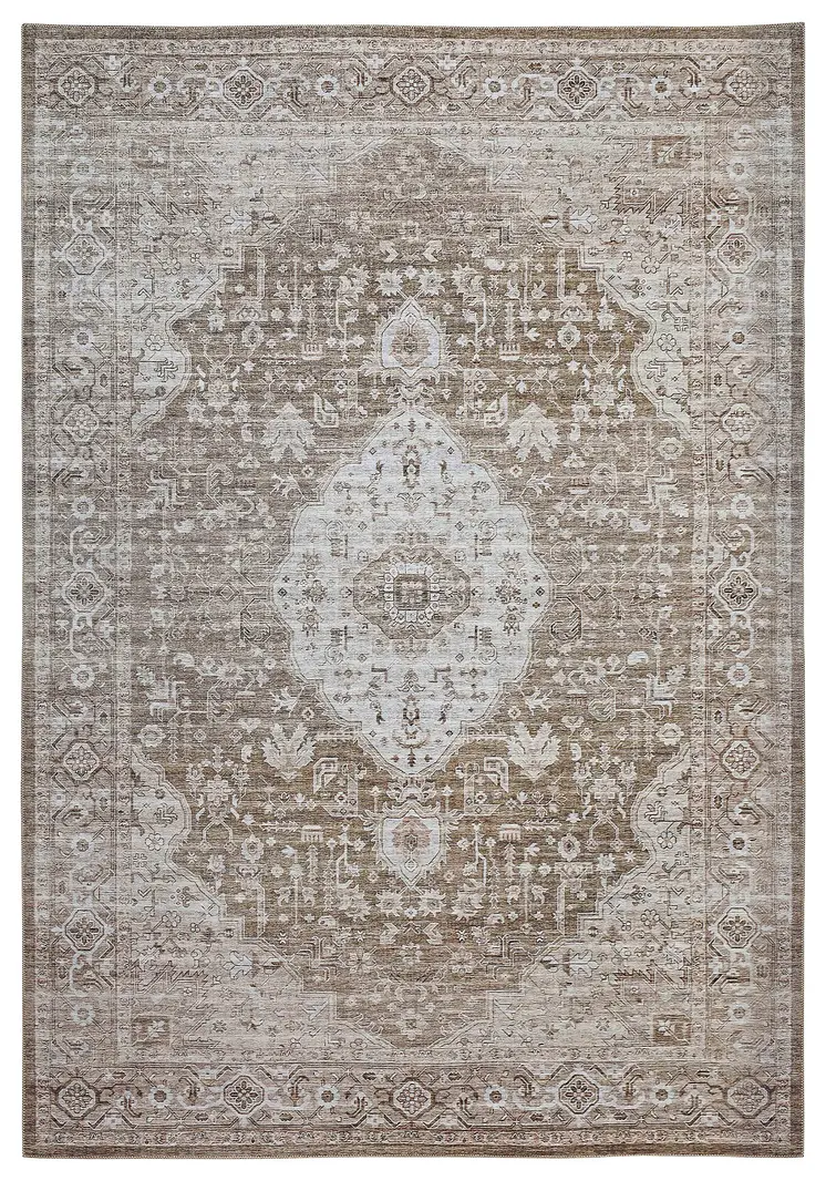 5' X 8' Beige Oriental Power Loom Distressed Stain Resistant Area Rug