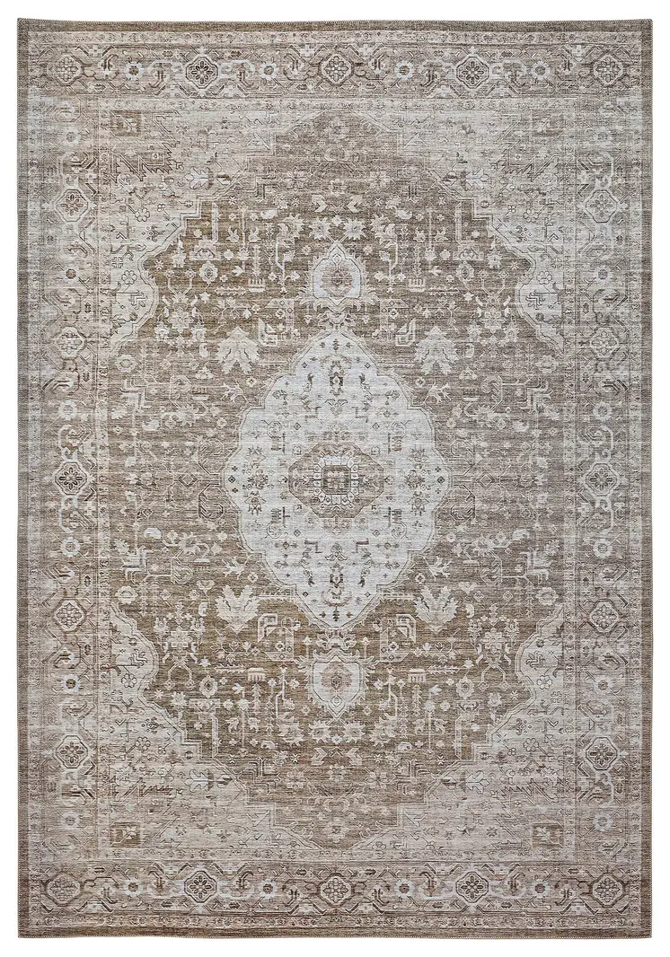 5' X 8' Beige Oriental Power Loom Distressed Stain Resistant Area Rug