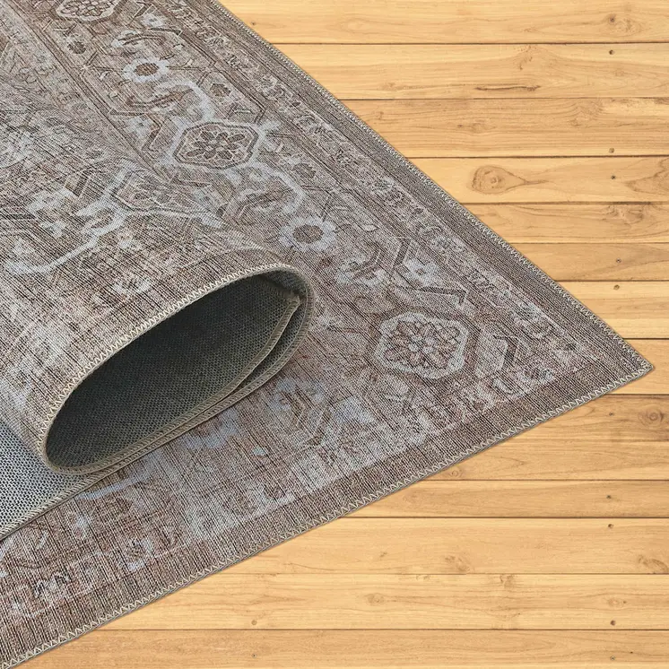 8' X 11' Beige Oriental Power Loom Distressed Stain Resistant Area Rug