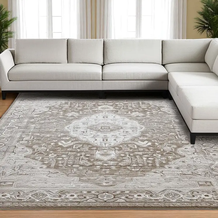 8' X 11' Beige Oriental Power Loom Distressed Stain Resistant Area Rug