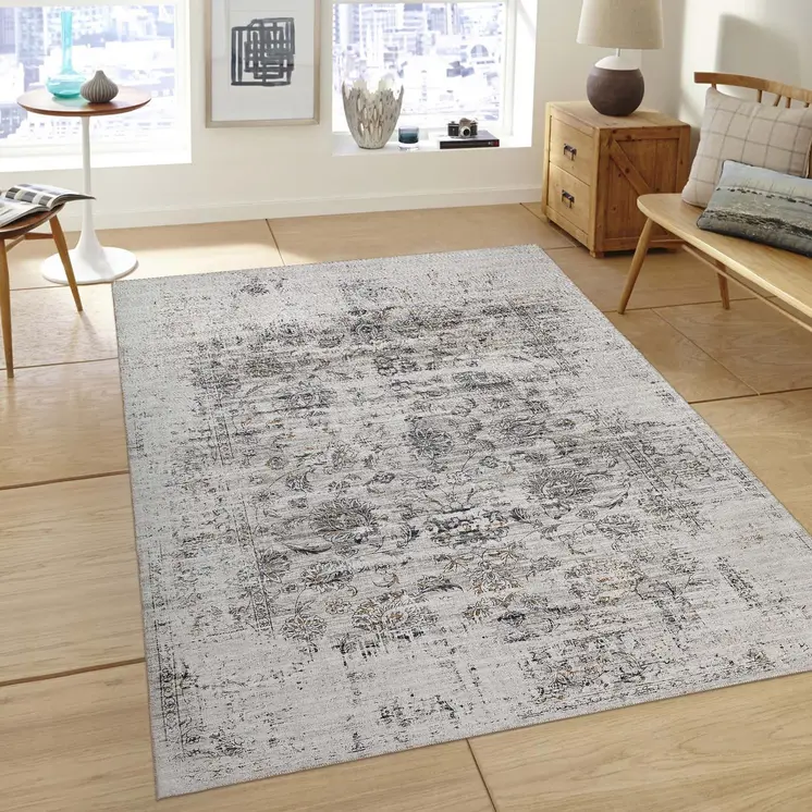5' X 8' Beige Oriental Distressed Stain Resistant Area Rug