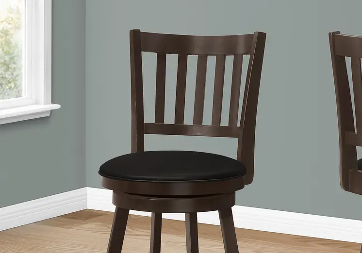 Set of Two 23" Black and Espresso Faux Leather and Solid Wood Counter Height Swivel Bar Chairs