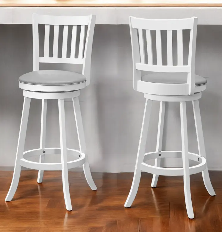 Set of Two 29 " Gray And White Faux Leather And Solid Wood Swivel Bar Height Bar Chairs