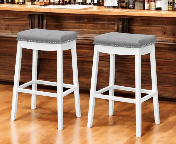 Set of Two 30" Gray and White Faux Leather and Solid Wood Backless Bar Height Bar Chairs