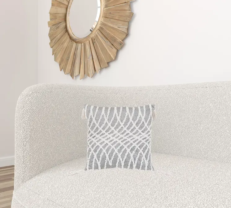 17" Gray and White Throw Pillow with Tassels