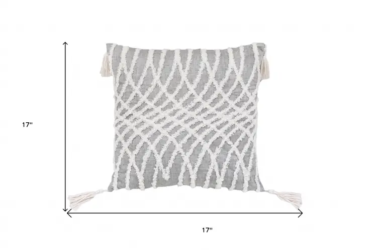 17" Gray and White Throw Pillow with Tassels
